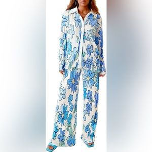 Two Pieces Floral Pants Set Long Sleeve Button Down Shirt Blouse+Wide Leg Pants